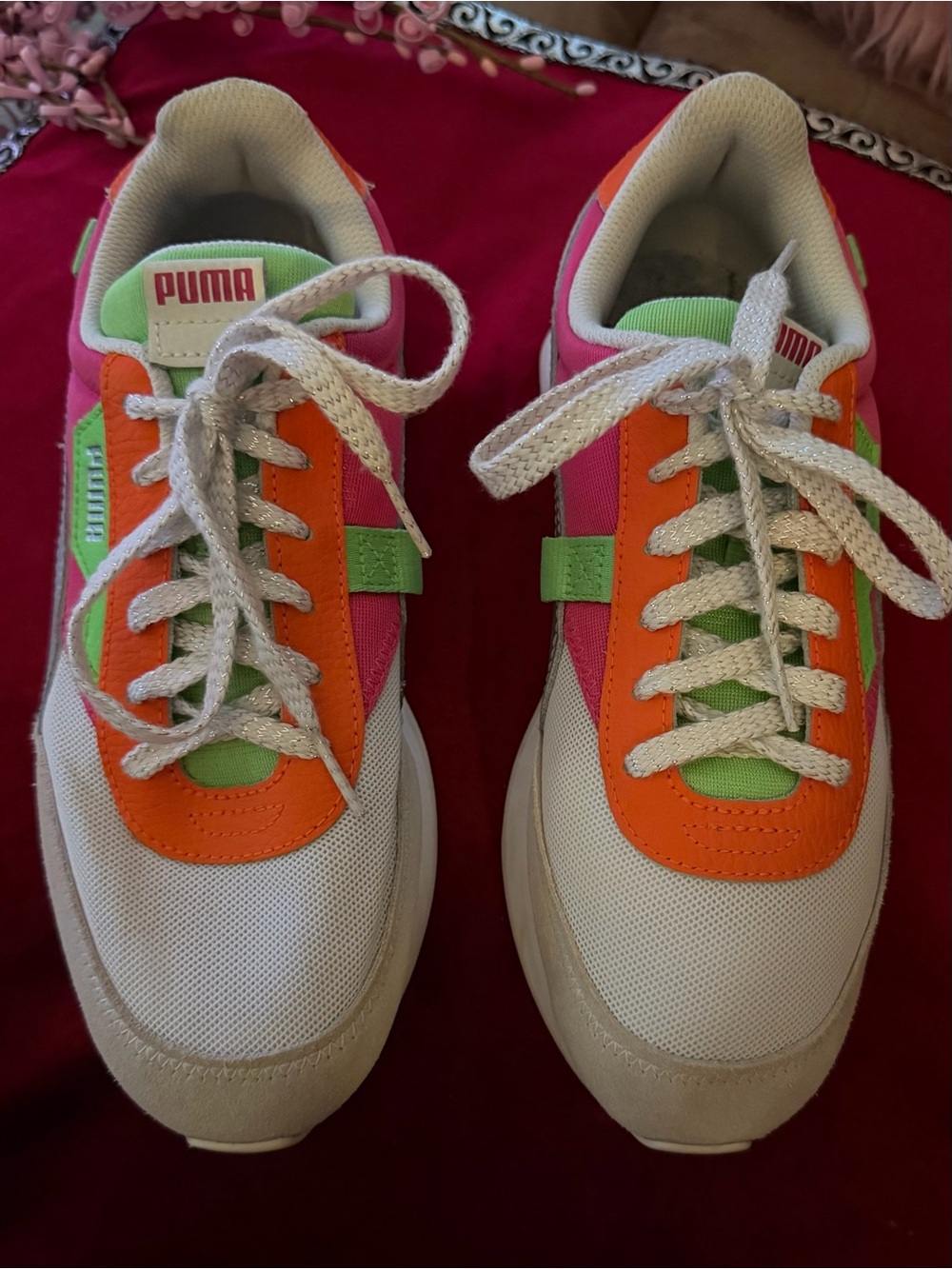 Puma Kids White Sneakers with Orange, Pink & Green Accents